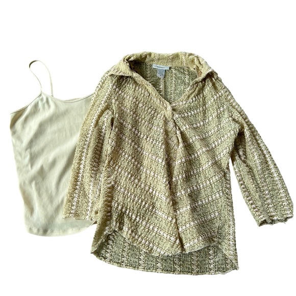 dressbarn Tops - Medium Dressbarn Beige‎ Lace Sheer Button Down Top Nude Cami Lined 2-Piece Set
